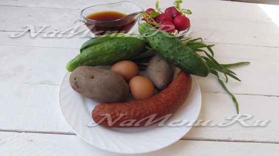 Окрошка на квасе - рецепт классический с колбасой (фото)